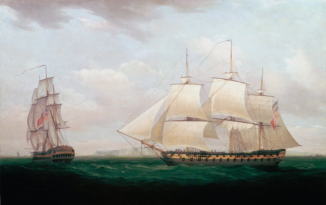 Zwei Ostindienfahrer vor einer Küste, Thomas Whitcombe, ca. 1850 von Thomas Whitcombe