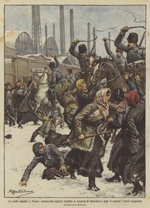 Die Volksaufstände in Russland, Arbeiterinnen wollen verhindern, dass die Kosaken die Menge mit Schüssen zerstreuen