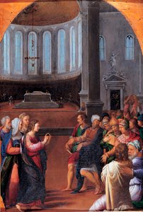 "Christus unter den Doktoren" Gemälde von Camillo Filippi (1500-1574) Öl auf Holz 1550 Maße 47x33 cm Musei Capitolini, Rom
