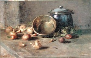 Stillleben (Krug, Kessel und Zwiebeln)