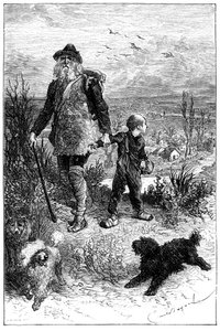 Illustration von Emile Bayard für den Roman von Hector Malot „Ohne Familie“: Remi verlässt mit Monsieur Vitalis, reisender Künstler und seine gelehrten Tiere, die drei Hunde Capi, Zerbino und Dolce - Hetzel-Ausgabe 1880 von Emile Antoine Bayard