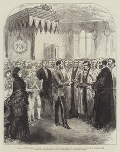 Eröffnung der Generalversammlung der Kirche von Schottland, der Earl of Aberdeen als Lord High Commissioner, empfängt die Schlüssel der Stadt Edinburgh im Holyrood-Palast (Gravur)