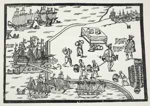 Holzschnitt, der den Weinhandel zwischen Bordeaux und England illustriert