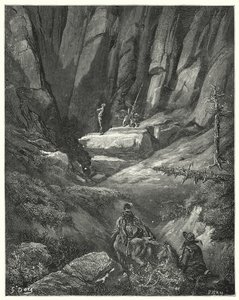 Gustave Dorés Don Quixote: "Sie gingen etwa drei Viertel einer Meile weiter und entdeckten dann unter den Felsen Don Quixote, der inzwischen seine Kleidung, aber nicht seine Rüstung angelegt hatte"