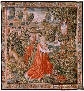 Flämischer Wandteppich. Der reuige St. Hieronymus oder St. Hieronymus in der Wüste. Modelle Zeichnung zugeschrieben dem Kreis von Hans Memling oder Gerard David