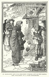 Die heilige Elisabeth und ihre Kinder, aus der Burg vertrieben, werden von einem armen Wirt willkommen geheißen