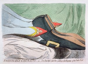 Modische Kontraste, oder Der kleine Schuh der Herzogin weicht der Größe des Fußes des Herzogs, veröffentlicht von Hannah Humphrey 1792