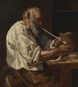 Alter Bauer zündet eine Pfeife an, ca. 1660