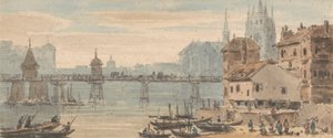 Basel, Brückenzentrum, Uferpromenade, mit Figuren und Schiffen rechts, mit Kathedrale hinter den Gebäuden