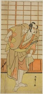 Der Schauspieler Otani Hiroji III als Hata no Daizen Taketora verkleidet als Shikishima Wakahei im Stück Juni-hitoe Komachi-zakura, aufgeführt im Kiri-Theater im elften Monat, 1784