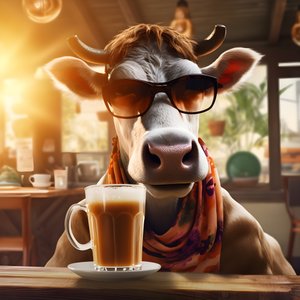 Kuh mit Sonnenbrille und Blick auf kalten Kaffee