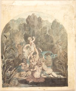 Mythologisches Motiv. Skizzen von Landschaft, Pferdefiguren und Profilgesicht am Rand