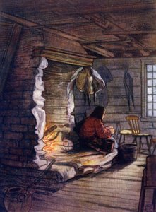 Norwegen: Zubereitung des Abendessens, ein Cottage-Interieur in Saelbo (Farblithografie)
