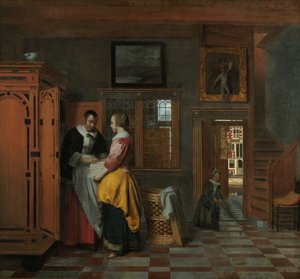 Innenraum mit Frauen neben einem Wäscheschrank, 1663