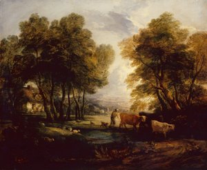Eine bewaldete Landschaft mit Hirten, Kühen und Schafen in der Nähe eines Teichs
