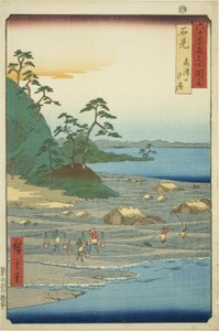 Provinz Iwami: Salzstrände in der Nähe des Takatsu-Hügels (Iwami, Takatsuyama shiohama), aus der Serie "Berühmte Orte in den sechzig Provinzen (Rokujuyoshu meisho zue)"