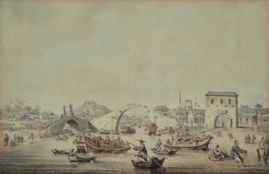 Chinesische Lastkähne der Botschaft, die sich darauf vorbereiten, unter einer Brücke hindurchzufahren