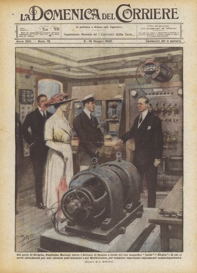 Im Hafen von Sevilla empfängt Guglielmo Marconi die spanischen Monarchen an Bord seines prächtigen Schiffes von Achille Beltrame