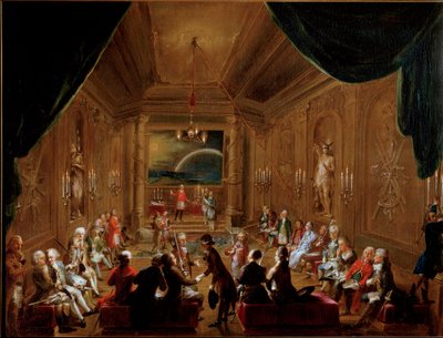 Zusammenkunft in Wien der Freimaurerloge der Krone Esperance (Zusammenkunft der Freimaurer, Zur gekrönten Hoffnung) im Jahr 1790. Wolfgang Amadeus Mozart (1756-1791) sitzt rechts im Vordergrund. Gemälde von Ignaz Unterberger. Historisches Museum der Stadt  von Ignaz Unterberger