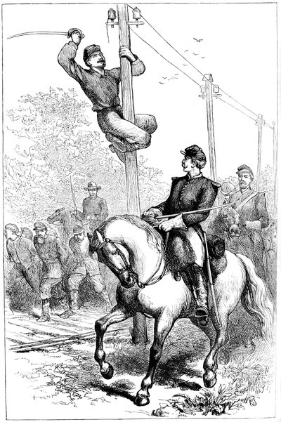 Stuarts Kavallerie schneidet Telegrafendrähte, Amerikanischer Bürgerkrieg, um 1861-1864, um 1880 von Unbekannt